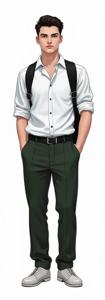 Handsome teenager, male, white button collar shirt, short sleeve, long dark green pants, black belt, white background, black shoes, real people
