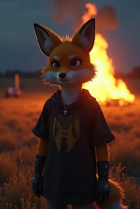 Create a tails ,  fox from two caldas, Wearing clothes from with a red burrow,  a black shirt ,com a logo do twenty one pilots, in a field with a large bonfire , at night, clipe de navigating, super detailed,  better image quality  