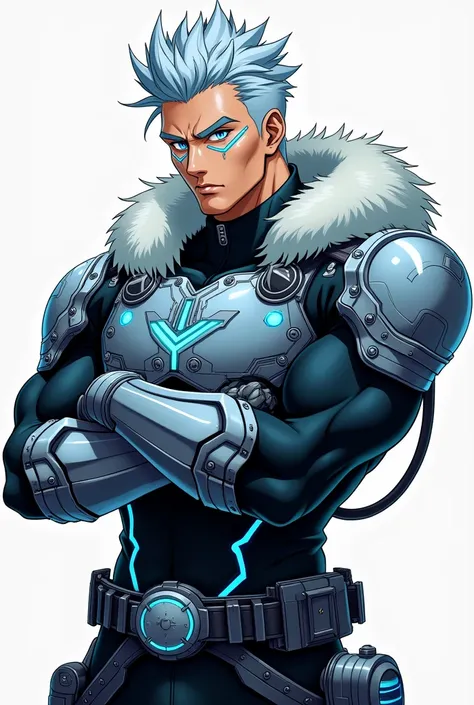 Create a full-body character in a vibrant, detailed anime style, depicting a powerful, wise leader with a stern, introspective expression, characterized by sharp, angular facial features, a strong jawline, and piercing, icy blue eyes. His spiky, metallic s...