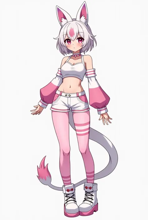  Anime boy femboy ,  white hair with pink tips , pink eyes,  white and pink choker ,  cold white blouse with striped pink sleeves showing the belly,  white shorts with pink stripe , pink thigh belt ,  white boots with pink laces ,  perforated pink pantyhos...