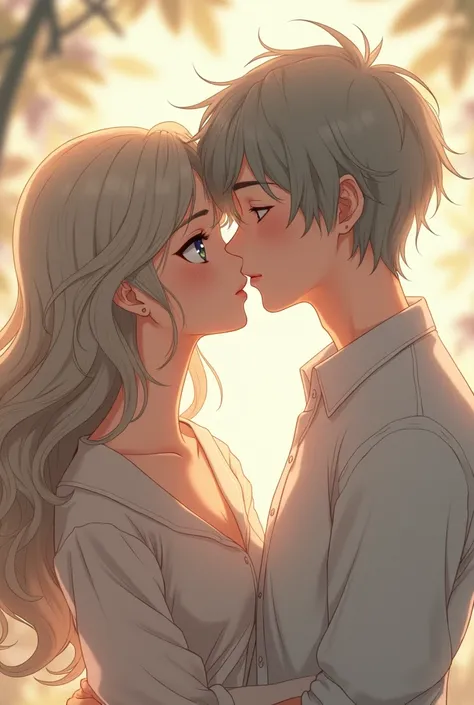 Make me an anime drawing of a girl with long wavy hair kissing a boy with easy gray hair without color
