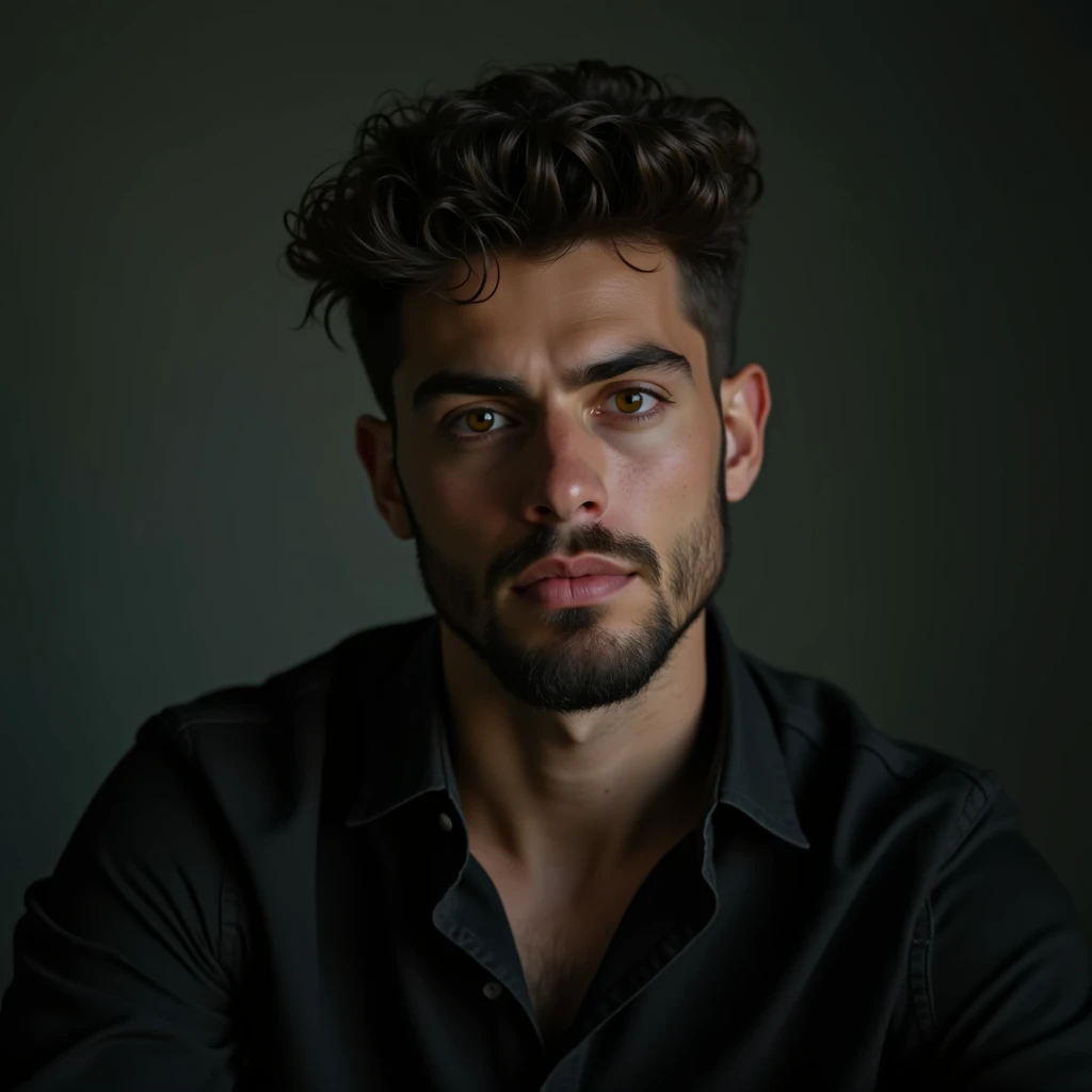  homem de 21 anos , light skin, cabelos pretos curtos e bagunçados , olhos cor mel, olhos apertados, thick eyebrows ,  full lips , sem barba  mysterious look and sarcastic expression ,  he appears from the waist up in jeans and a black shirt,  scientist Fi...