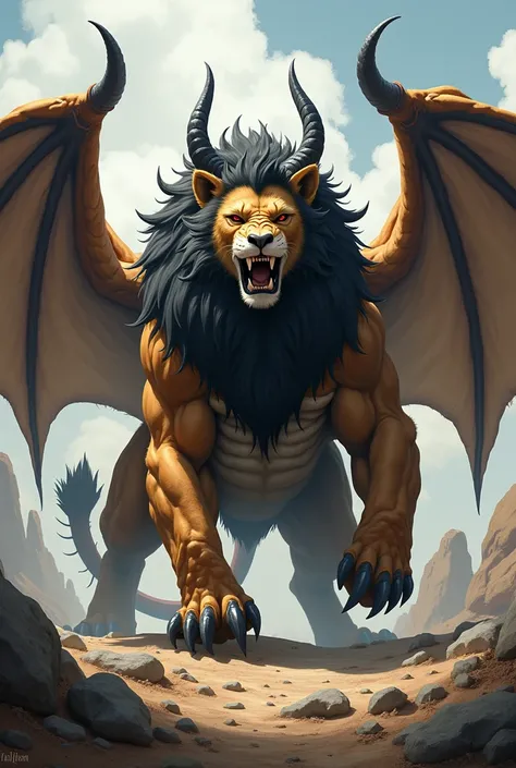 
 an imposing four-legged creature with the body of a lion, large dark mane , demon eyes, Big Dragon Wings , a strong scorpion tail and horns 