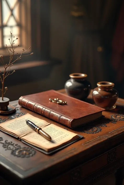  A book with a leather cover next to its pen and ink for old-fashioned writing (on a writing table )