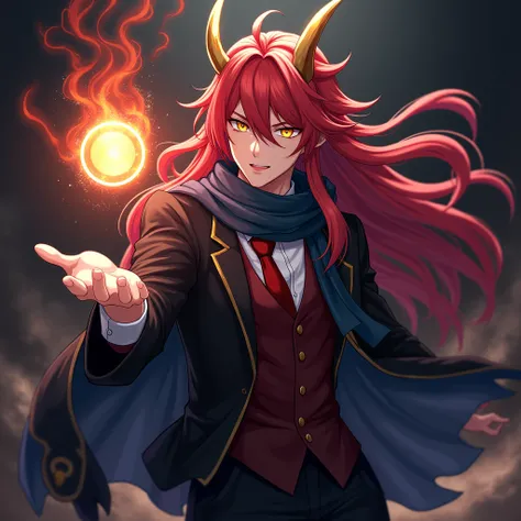 ( anatomy)  young anime man with long intense red hair , yellow eyes and golden horns ,a dark blue scarf ,red tie,tuxedo in black robe , Black Pants ,carrying a large orb of energy with his hand extended upwards,