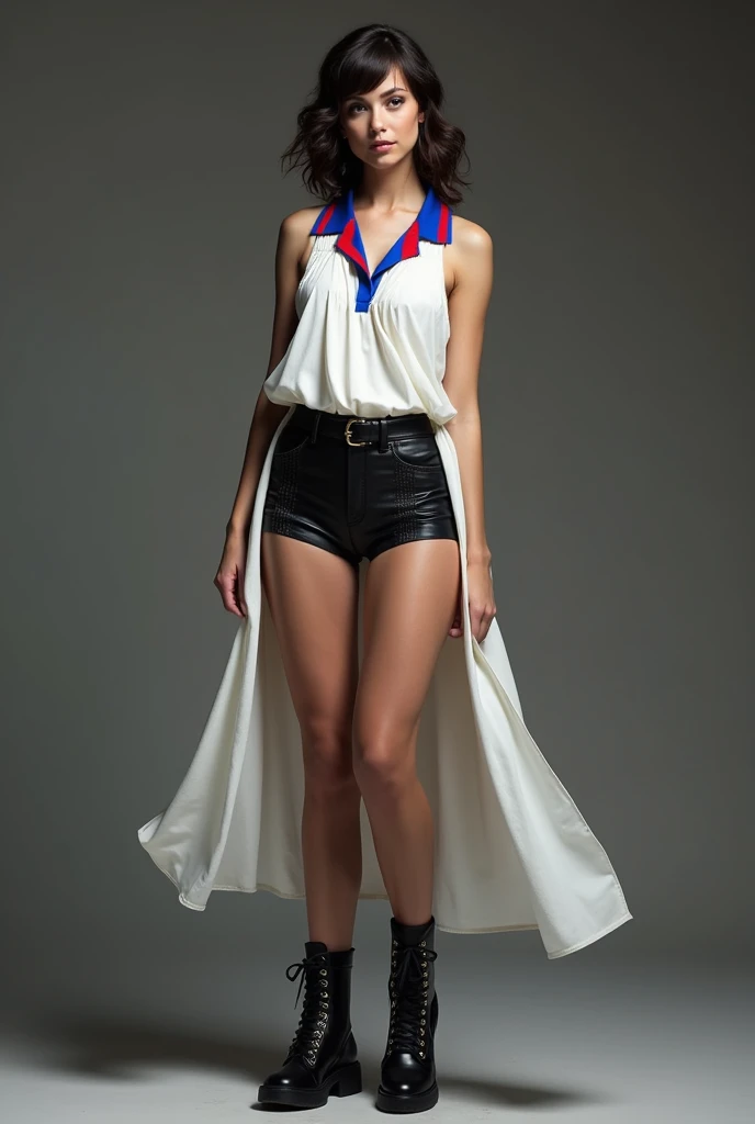 Short leather shorts and white nightgown polo collar with royal blue and red stripes and black high-top boot with sexy glitter 