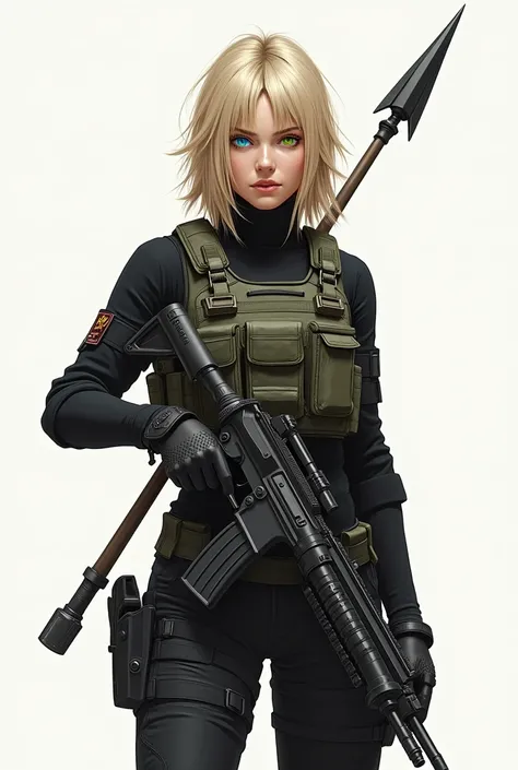  Create a drawing of a blonde woman with medium size hair , heterochromia in the eyes, wear a military vest over a black sweater , black tactical pants and boots ,  have a single spear in the back and a one-handed machine gun