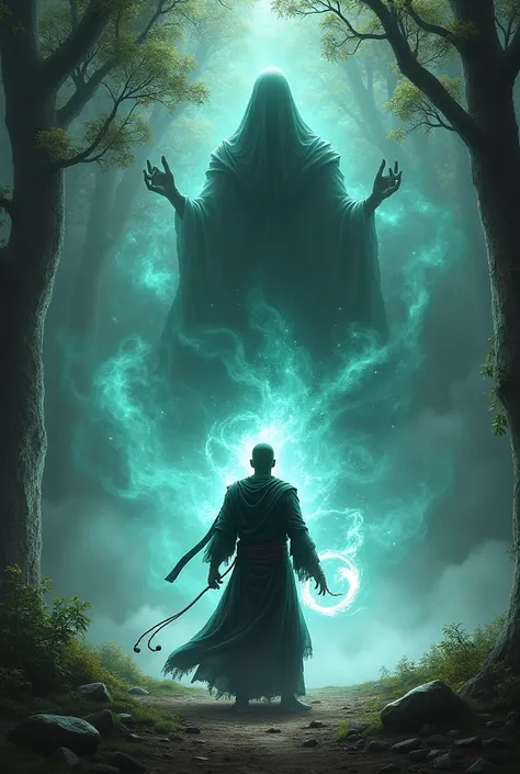 The forest clearing.

Prompt: "Create a scene where the Tantrik’s ghost unleashes a powerful attack on Viru,man  sending dark energy towards him. Viru stands firm, holding the black mala, which begins to glow brightly as he prepares to counter the attack."...