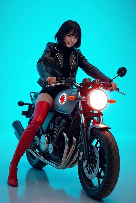  Max Image, high definition ,Surrealistic depiction , Max Image, high definition ,Surrealistic depiction ,The background is bright sky blue 1 color ,Japanese motorcycle manufacturer Honda motorcycle and Japanese woman parked,  motorcycle with cowl ,HONDA l...