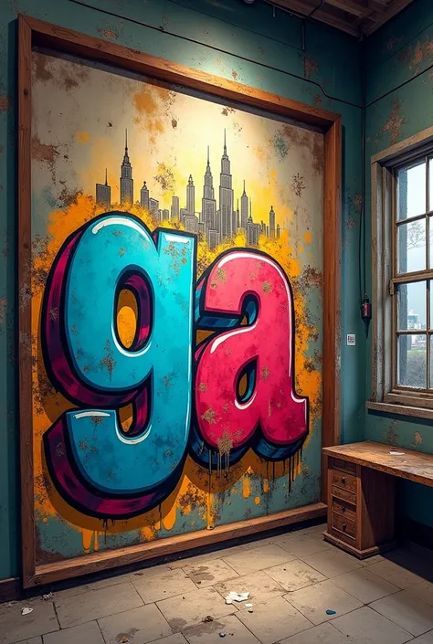 Create art with the letter "G A "  being graffiti inside the letter , as if it were an interior painting with graffiti related to São Paulo and business cars with capital letters