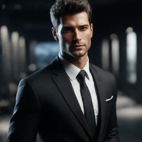 A young American man in his late 20s with short dark hair wearing a black suit and tie, standing in a dimly lit room with a window in the background. gorgeous and stunning American man, he has beautiful grey eyes, Beautiful hair, perfect jawline and a beau...