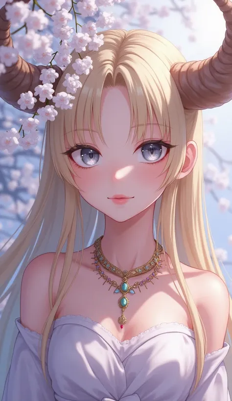 A close-up portrait in Japanese anime style, depicting a young woman with soft pale yellow long hair. The right side of her face and a large horn are clearly visible, while the left side is veiled by cascading layers of white jasmine flowers, creating visu...