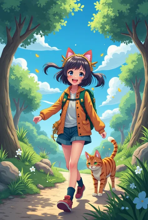 A  anime-style girl adventure with a cat
