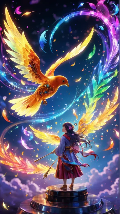 /imagine magical music study scene, young wizard conducting magical notes, songbird familiar with rainbow feathers, melody fairy with musical wing patterns, musical magical circles, floating instruments and sound crystals, colorful sound wave effects, deta...