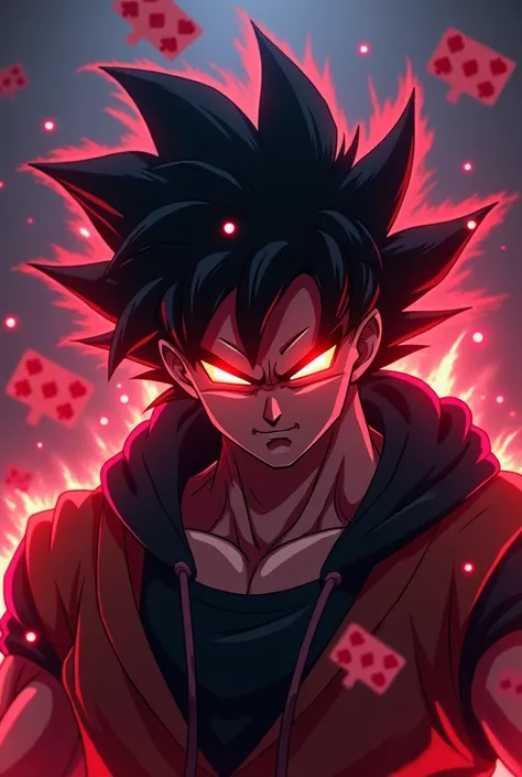 Goku with glowing eyes in a neon red tone, with a fierce and majestic expression ,  wearing a black hoodie ,  creating a dark and enigmatic look .  Its mane is stylized with luminous details in red that radiate energy . the background is dark,  highlightin...