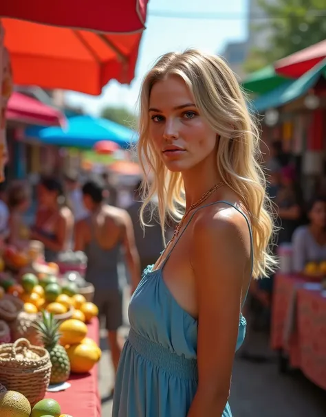 realistic and detailed image, Une jeune femme blonde dune vingtaine dannées, vêtue dune robe très courte et bleue, se tient sous un soleil brûlant dans un marché local au Mexique. Son visage est légèrement rosé par la chaleur, et une fine mèche dor colle à...