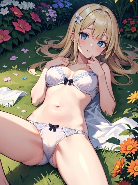   Masterpiece  ,  top quality,  very detailed, 16k,  super high resolution、One  girl,  detailed face 、Perfect means,  blue eyes,  blonde alone,  woven ,  white panties,  white bra , garden, flower bed, glass,  lies on her back ,  lie down 