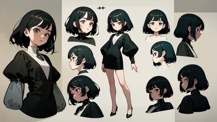 masterpiece,  top quality )),  detailed face,  character design ,  full body,  full of details  ,  Multiple Poses And Expressions ,  front view, side view,Back view,  character design , very detailed , depth, many parts， Girl with black hair，Thin physique ...