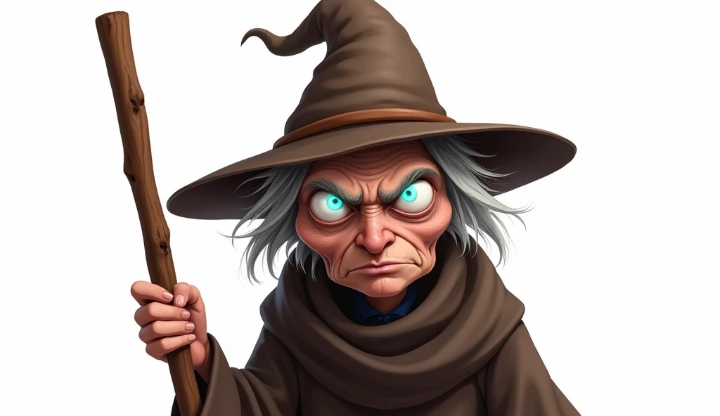 an angry thin female old woman with glow blue shining eyes with a stoop, gray hair, a sharp and hooked nose, big eyes, a brown pointed hat, carrying a wooden stick, front view, flat white background, photo realistic
