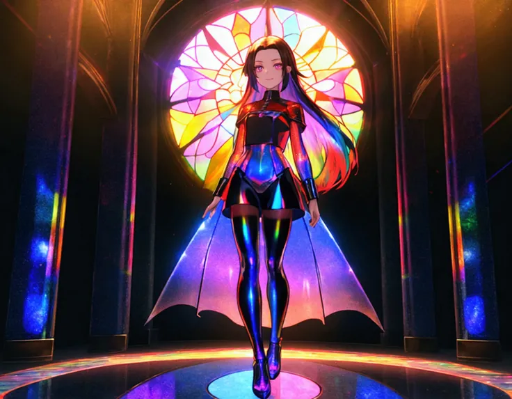 The background is a sunset sunset 、 medieval cityscape with basket、Inside the kaleidoscope、 stained glass background 、Legendary Scenery 、 mythical scenery unfolds、The cathedral shines brightly、red and green contrast 、Path of Light、 Edelgard in black armor,...