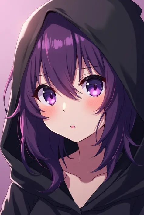  a close up of a person with purple hair and a hood, a character portrait by Jin Homura , trend on pixiv, what is?, shalltear de overlord, black, Ayaka Genshin impact,  holding a prudish pose ,  made with the anime painting studio , anime style like fate /...