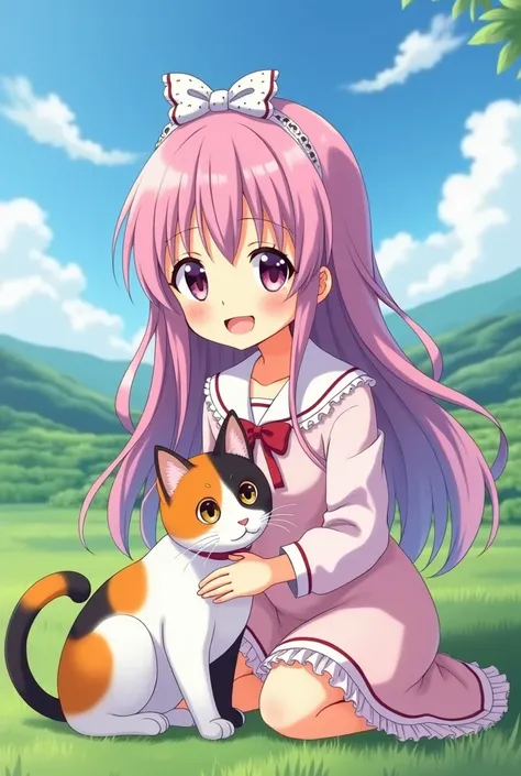 A  anime-style girl with a calico cat
