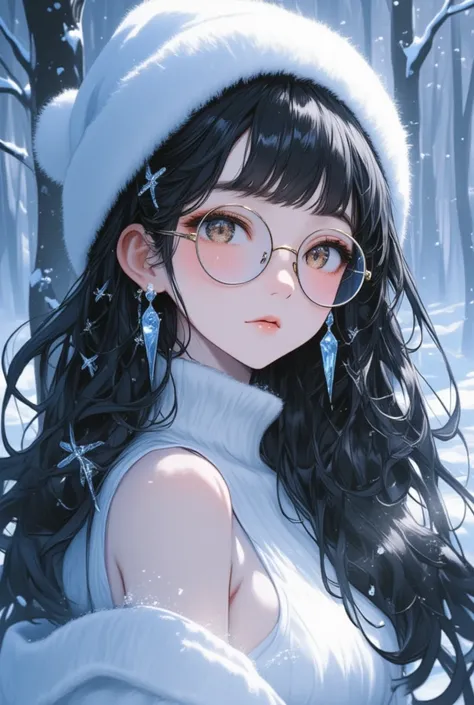 (masterpiece), best quality, perfect face, expressive eyes, Asian Female, white skin, tall, thin, (very long black hair:1.3, somewhat curly hair:1.2, her hair is lightly decorated in ice:1.5, wearing a white fur beanie), thin eyebrows, dark brown eyes, (ro...