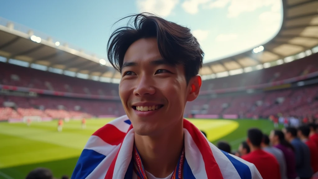 Japanese, 23-26, Handsome man,  fair skin, black eyes（thin eyes 1：3), (Super detailed, best quality, 4K, High resolution, masterpiece:1.3)  , U.K., football field, Fans watch football matches, smile,  celebrating, holding flag