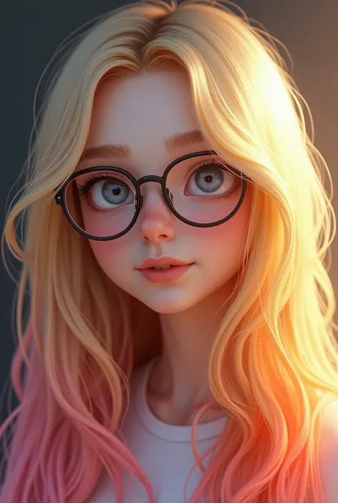 a young woman with long blond hair  ,   near the tip of her hair is orange and the tips are pink.  With silver eyes and who wears reading glasses.