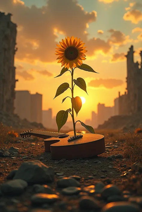 Create a cover for a musical album with a beautiful sunflower in the background in a destroyed place with a sunset and a broken guitar and that the image is realistic and a little abstract 
