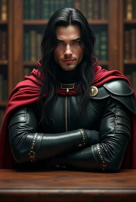  Create a beautiful prince from hell ,  black hair and a little long, loose, beautiful face and green eyes , an attractive smile,  dressed in a black combat outfit,  leather shoulder pads and a red cape .  Sitting crossing his arms behind a wooden table,  ...