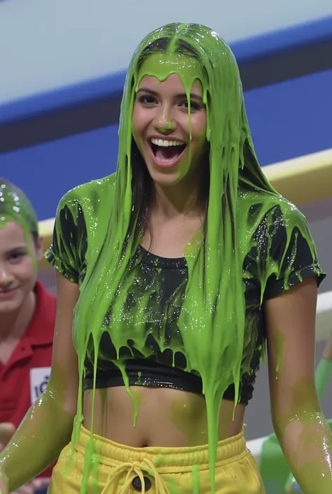 A Indonesian woman, 20 years old, with long hair and a charming round face, full cheeks, wearing a tight, short black crop top and a simple mini skirt, playful and energetic, high-resolution, 8k. Covered in green slime. Photorealistic. Glistening liquid. G...