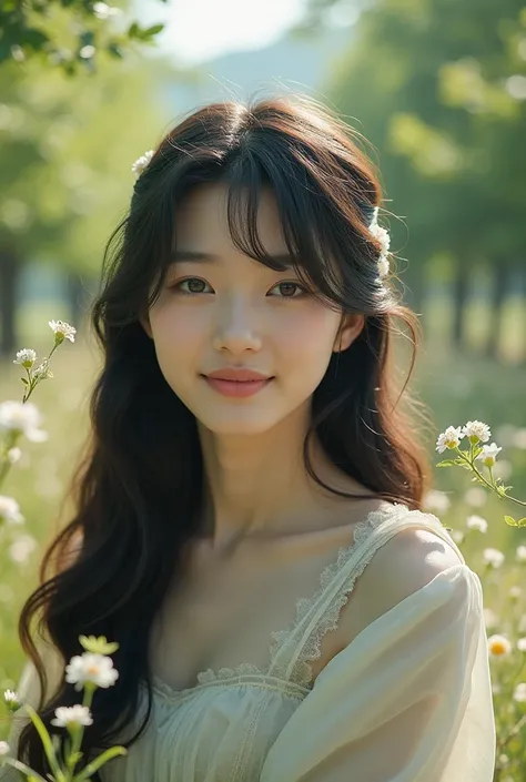 Beautiful Korean woman smiling looking at camera with long hair bushy and bangs wearing white kimono there is a big inscription Ratih chania there are green trees there are small little flowers there are apple trees 