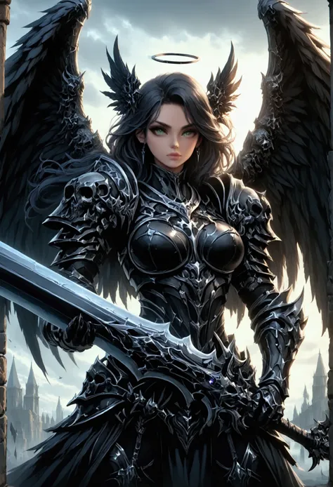 a woman in armor holding a sword and a sword, angel knight gothic girl, villainess has black angel wings, detailed fantasy art, angel knight girl, epic fantasy art style hd, 4k fantasy art, dark armor, stunning armor, hd fantasy art, deathknight, 8k fantas...