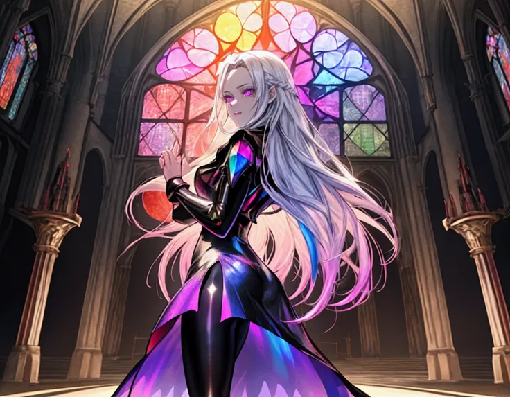 The background is a sunset sunset 、 medieval cityscape with basket、Inside the kaleidoscope、 stained glass background 、Legendary Scenery 、 mythical scenery unfolds、The cathedral shines brightly、red and green contrast 、Path of Light、 Edelgard in black armor,...