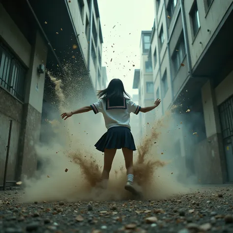 
“A dramatic low-angle live-action shot capturing a Japanese high school girl in her uniform, wearing a short pleated skirt, being violently thrown backward by an unseen force. The shot emphasizes motion blur and cinematic bokeh to convey speed and impact ...