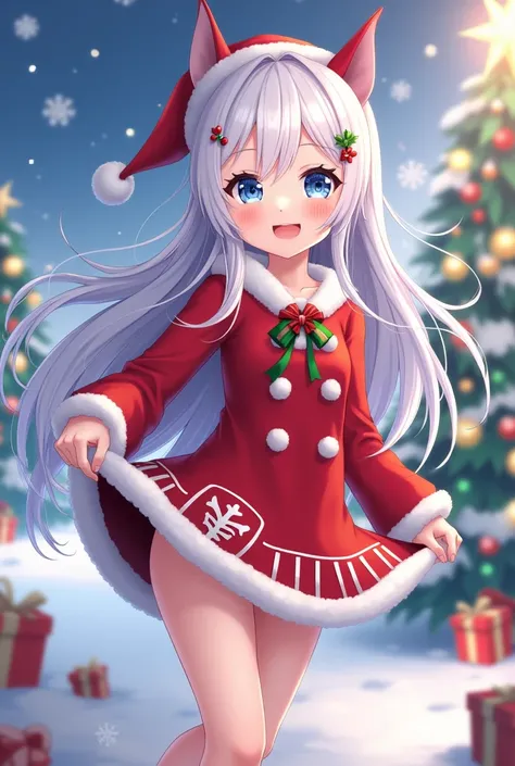 anime girl, white hair, blue eyes, dress up christmas take off skirt 
