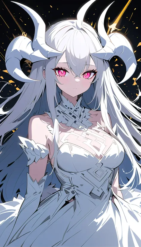 anime girl in  white dress with long hair and a black background,  from Albedo Overlord ,  Albedo from the Overlord anime , White-haired goddess,   White Horns Queen Demon ,  Arknights ,  Overlord Chartier ,  anime cover ,  art book artwork , Anime Goddess...