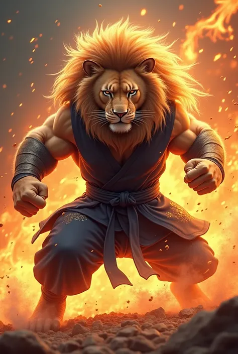  Create the image of a fighting martial arts lion, with a well-defined body,  wearing a navy blue outfit , surrounded by flames of fire 