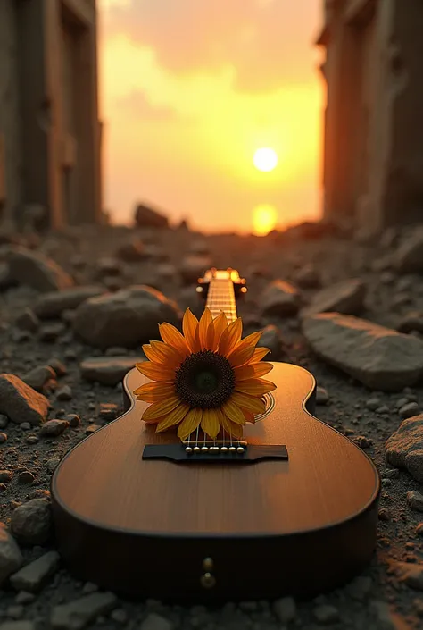 Create a cover for a musical record that has a destroyed place in a destroyed place with a sunset and a broken and damaged acoustic guitar and that has a sunflower lying on the guitar and that the image is realistic and a little abstract 
