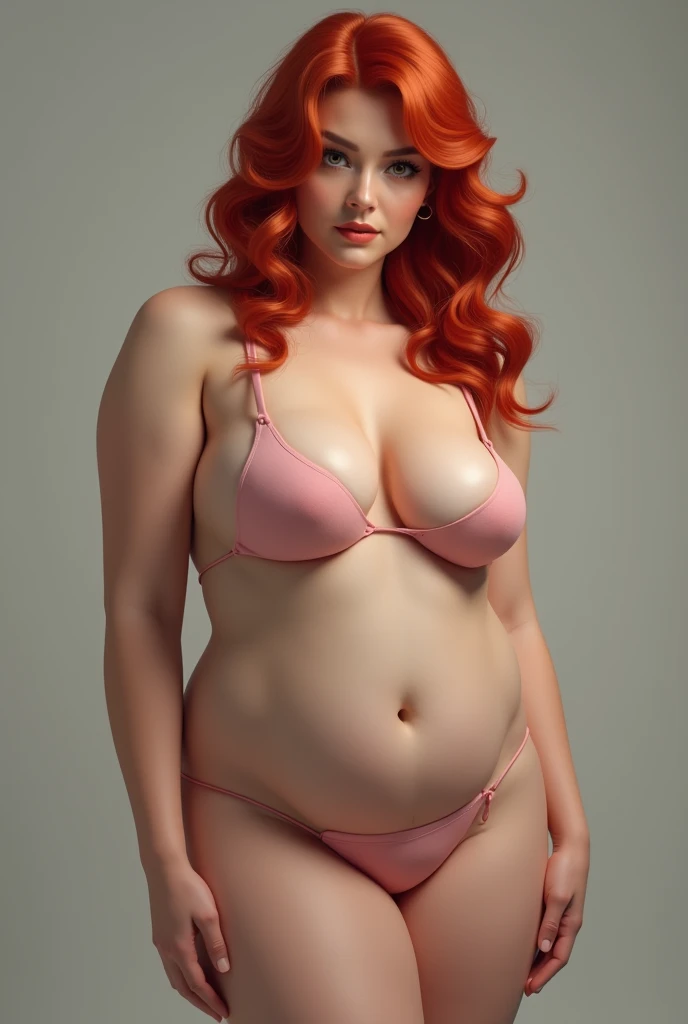 (photorealism:1.2),  a busty red-haired woman with big hair and pink nipples, she is naked