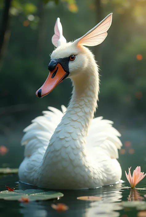 A SWAN WITH A COCKS BEAK AND A BUTTERFLYS BEAK