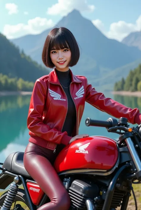  Max Image, high definition ,Surrealistic depiction , Max Image, high definition ,Surrealistic depiction ,Mountains and lakes in the background, Japanese motorcycle manufacturer Honda motorcycle parked and a Japanese woman,  motorcycle with cowl ,HONDA log...