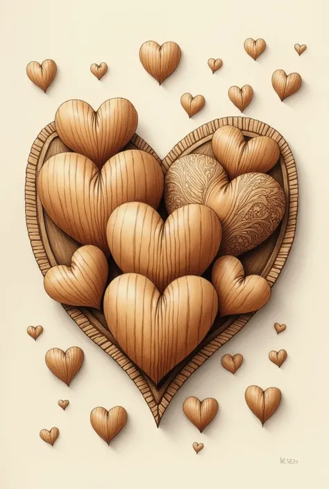 Masterpiece of drawing illustration several wooden hearts many scattered hearts 