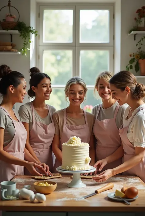 Photos of 5 beautiful women cooking in the kitchen making an anniversary cake 