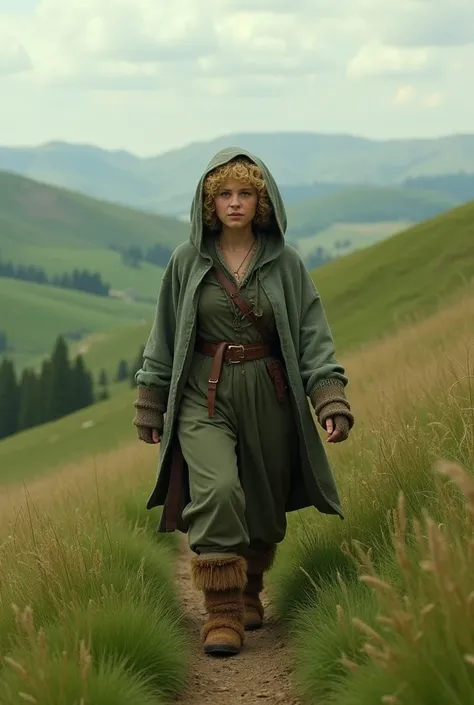 The Hobbit, Samwise Gamgee as a woman with short blonde hair, big feet, wearing a greyish-green hooded cloak, while walking cross country through a grassy hillside. 