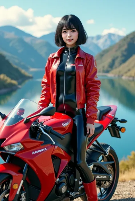  Max Image, high definition ,Surrealistic depiction , Max Image, high definition ,Surrealistic depiction ,The background is mountains and lakes ,Japanese motorcycle manufacturer Honda motorcycle and Japanese woman parked,  motorcycle with cowl ,HONDA logo ...