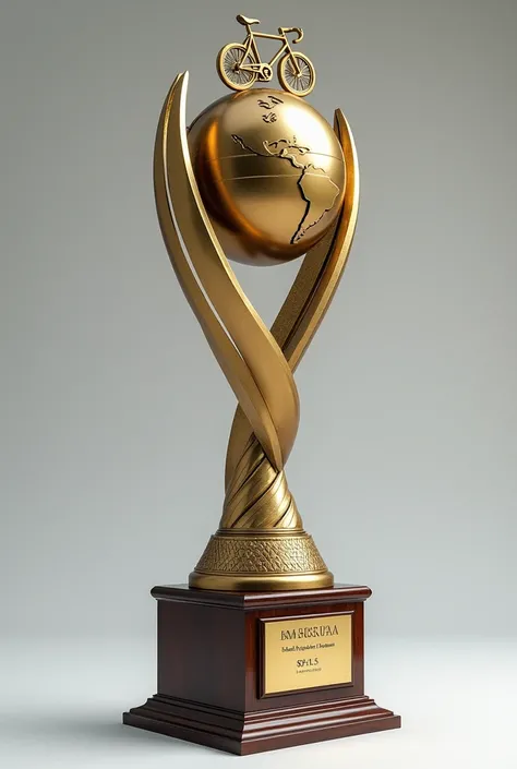  Create a traditional trophy that has the plates of the champion teams on the bottom and is very traditional, It has a pedestal at the bottom with the plates and above it is a more modern shape with a sphere with the American continent and a bicycle 