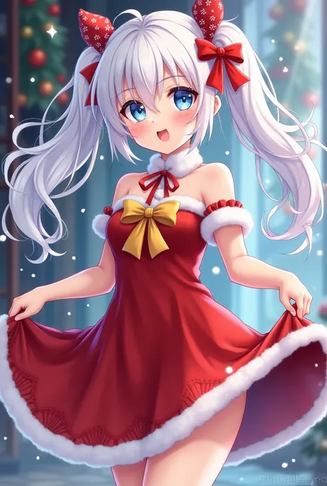 anime girl, white hair, blue eyes, dress up christmas take off skirt pigtails 