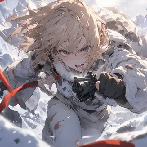 (  Masterpiece  ), (   top quality), (    super detailed ),    1 girl ,   whole body， holding a gun，battle，battleシーン，Fighting poses， is intense，snow，snow原，Body wounds